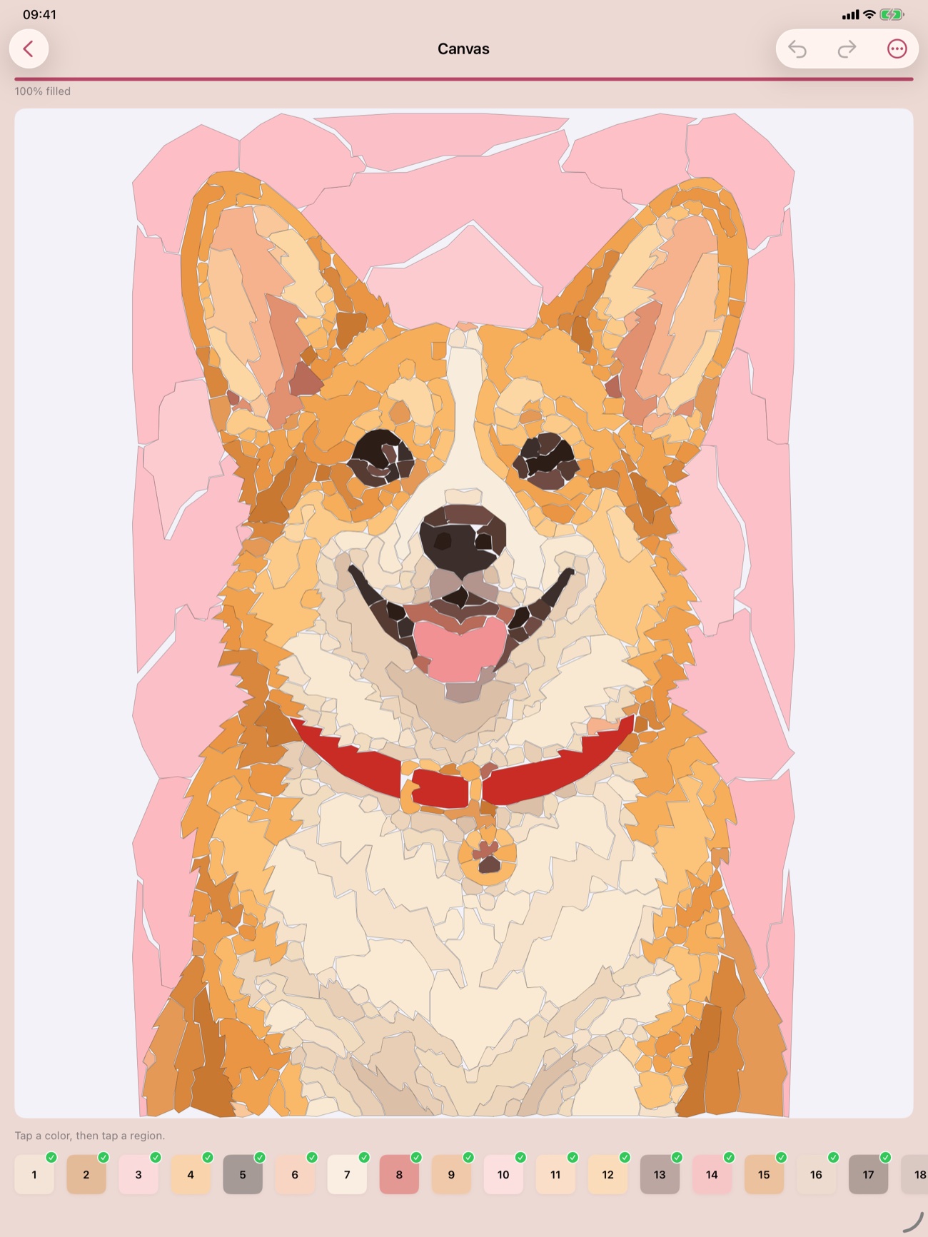 A completed PicNum paint-by-numbers canvas, a corgi, shown on iPad