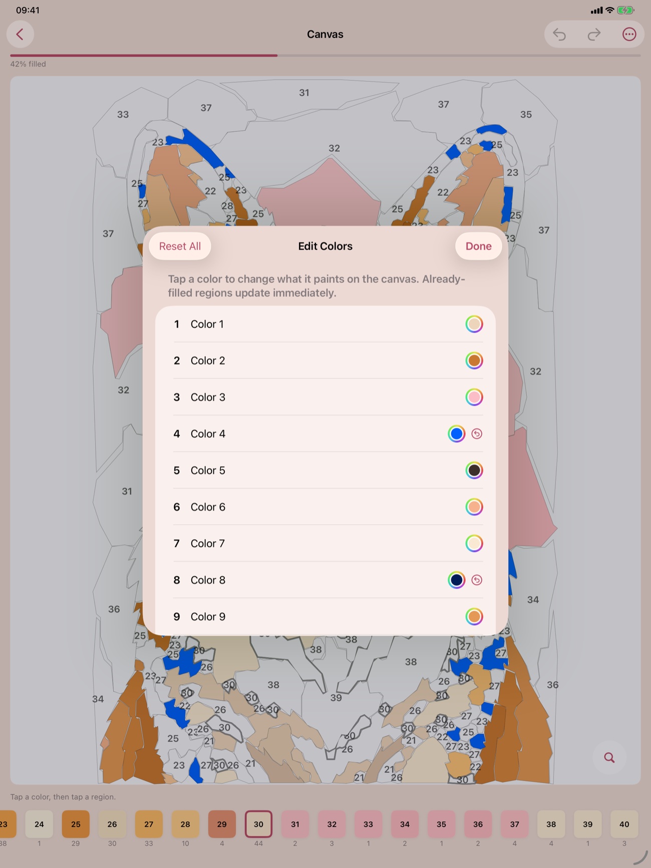 Edit Colors sheet open over the canvas on iPad