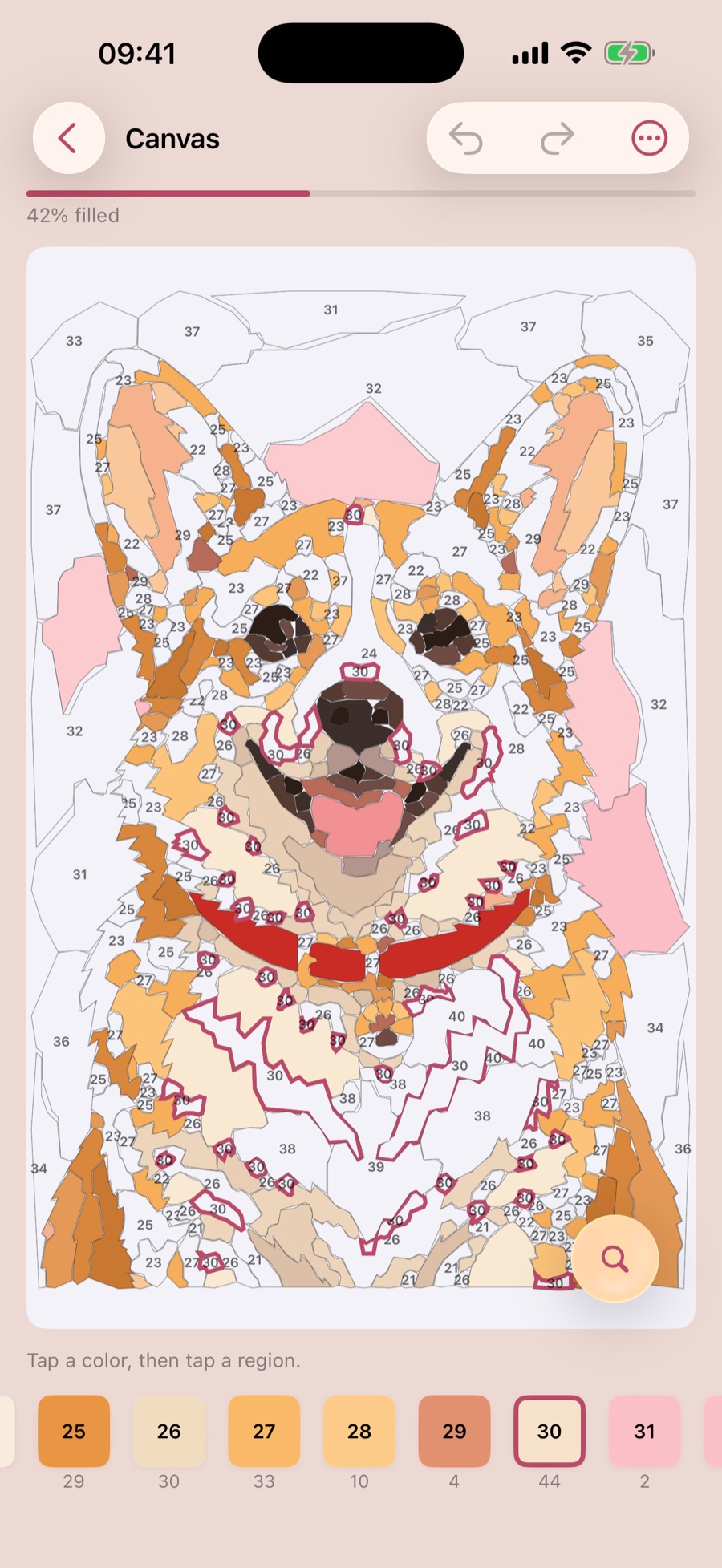 The same painting partly filled in on iPhone, with numbered regions still to paint