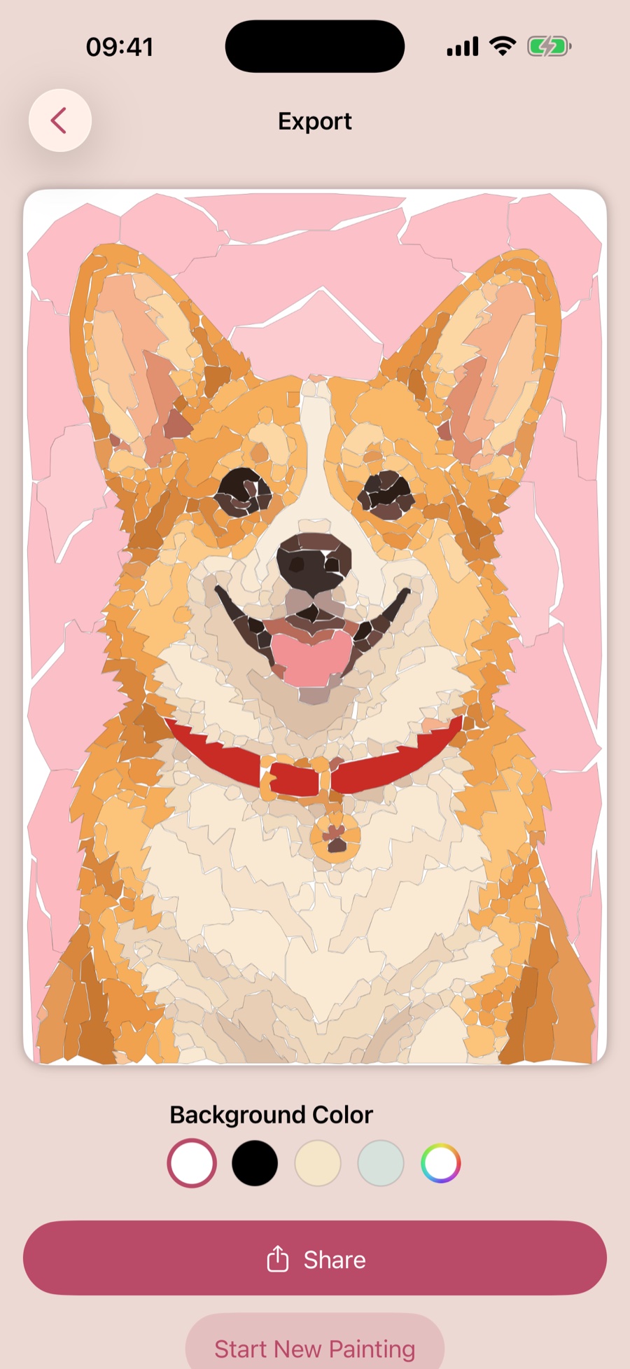 Export screen showing the finished painting with a Share button