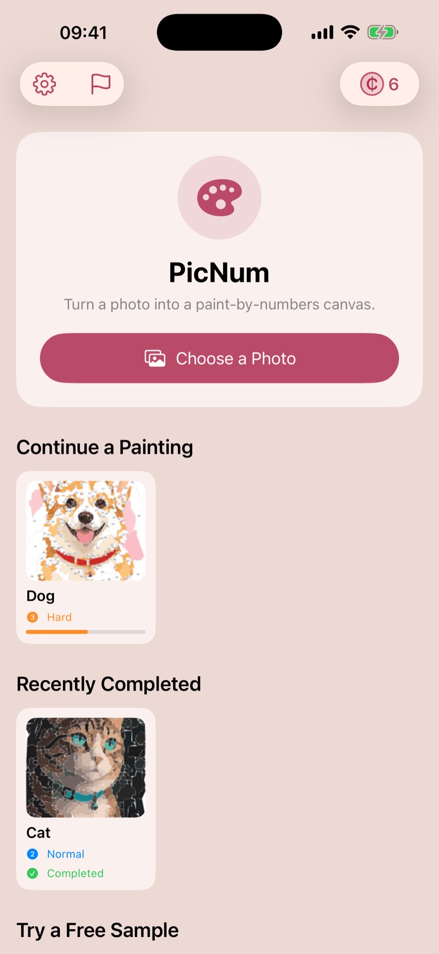 PicNum home screen with a Choose a Photo button and saved paintings